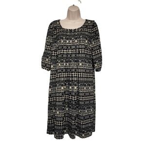 Perceptions New York black tan dress tucks Tribal pattern 3/4 sleeve Misses L